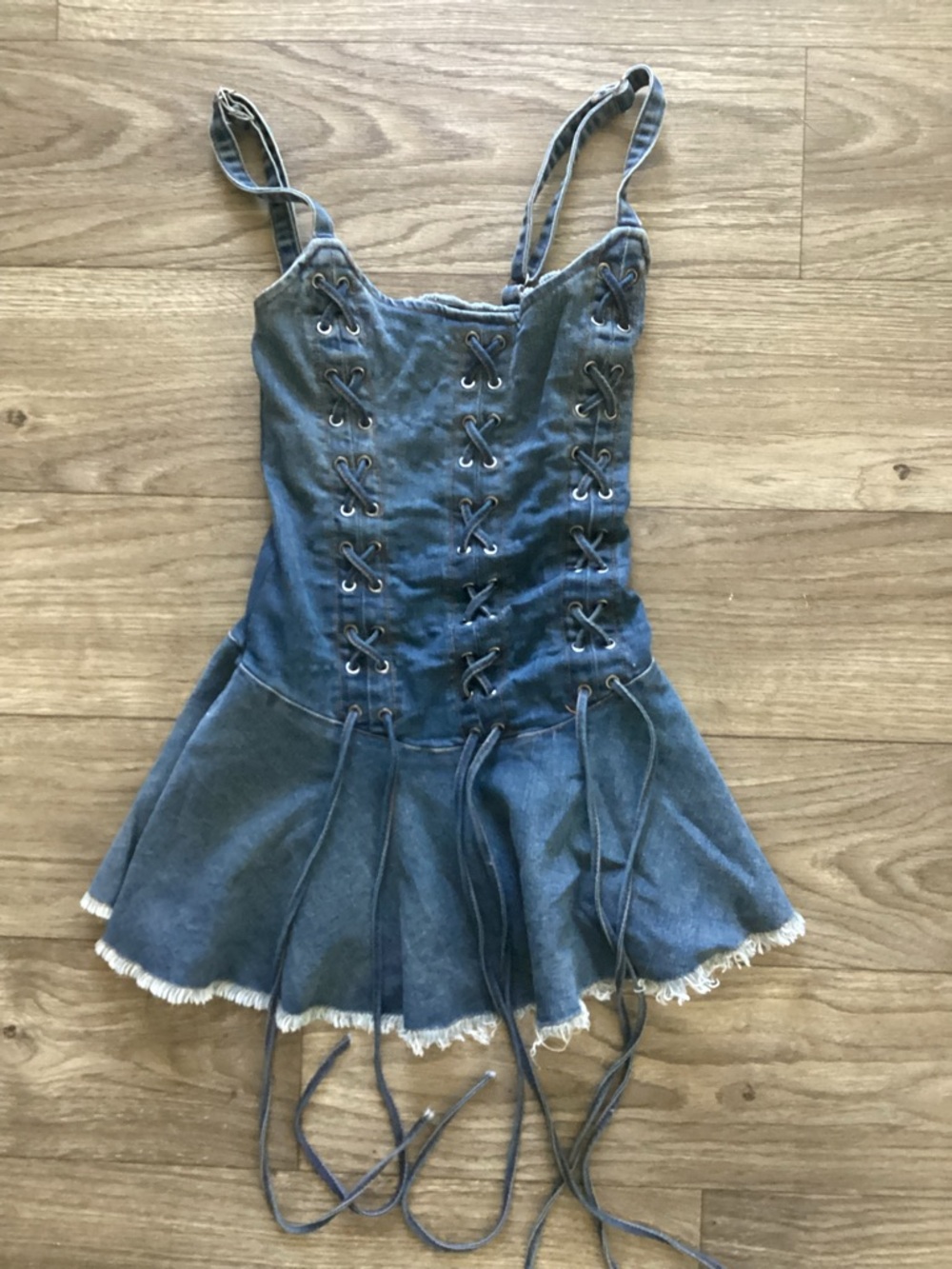 Denim Lace-Up Skater Dress with Frayed Hem